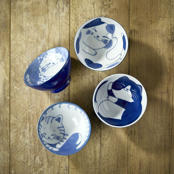 Reisschalen-Set aus Japan 11,5 cm Mino-Keramik mit Katzenmotiv